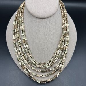 Chicos Boho Layered Necklace Gold Tone Beaded Brick Bar Look Textured Statement